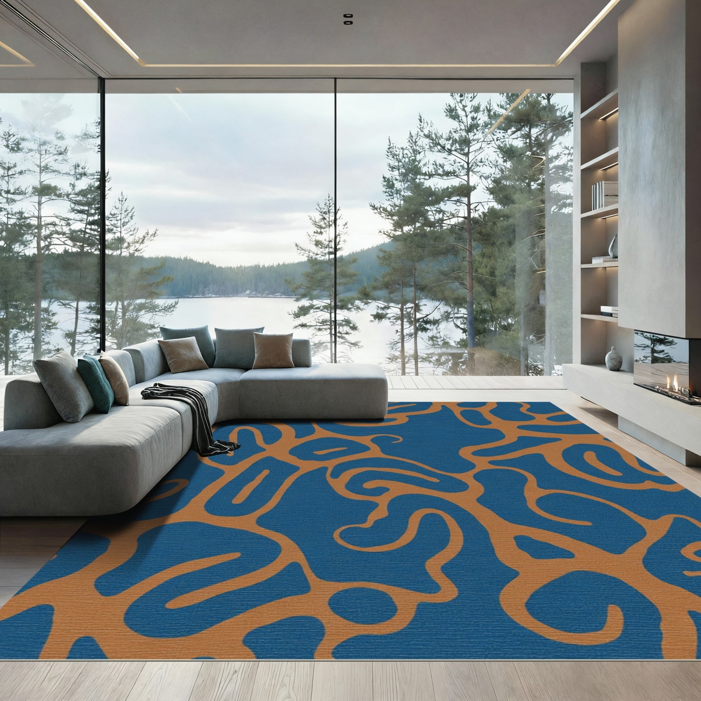 Modern Blue Copper Swirl Rug
