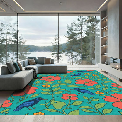 Teal Coral Floral Birds Botanical Rug
