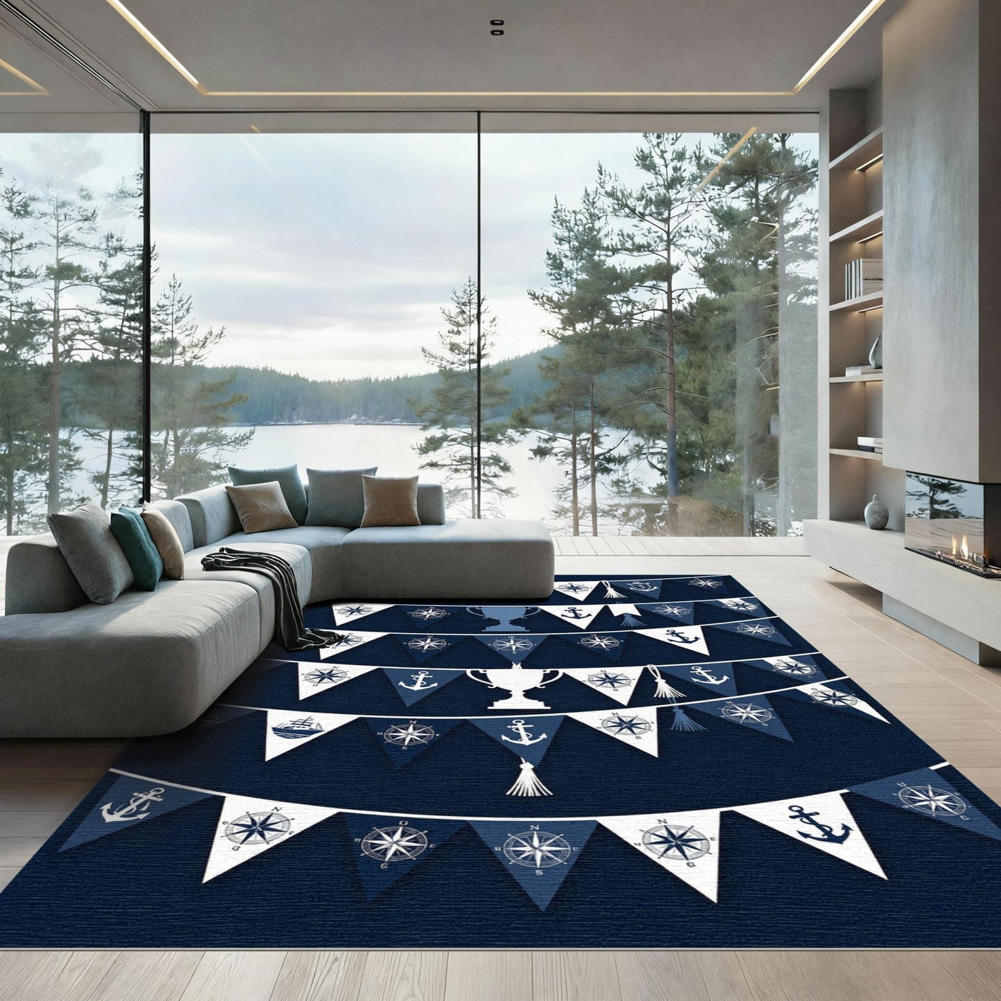 Nautical Navy Blue Anchor Compass Bunting Rug
