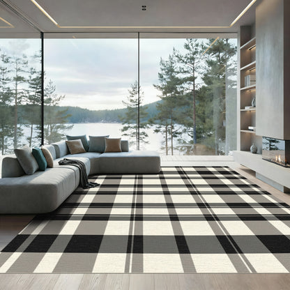 Classic Black White Beige Plaid Rug