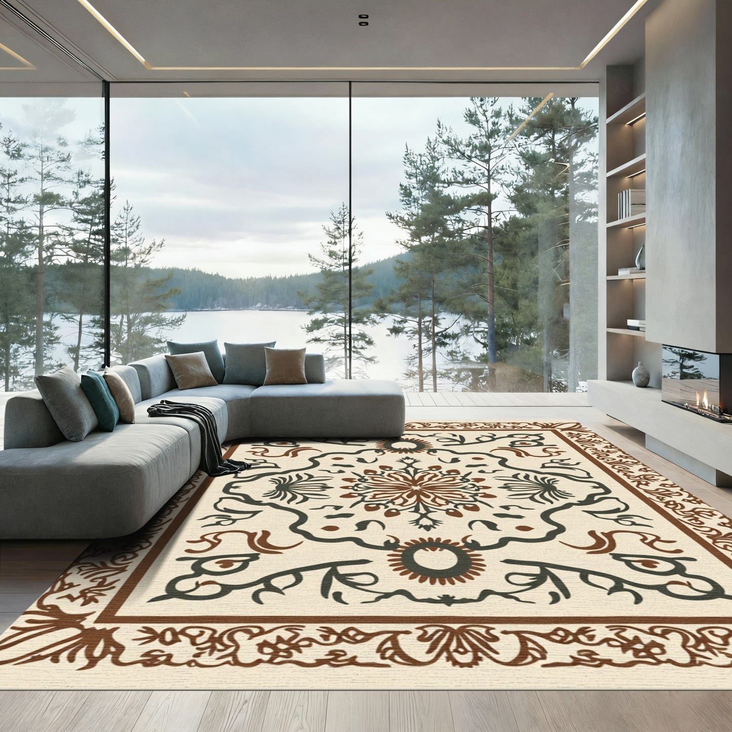 Brown Earthy Floral Vine Mandala Design Rug