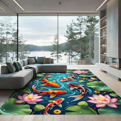 Koi Fish Floating Lotus Pond Art Rug