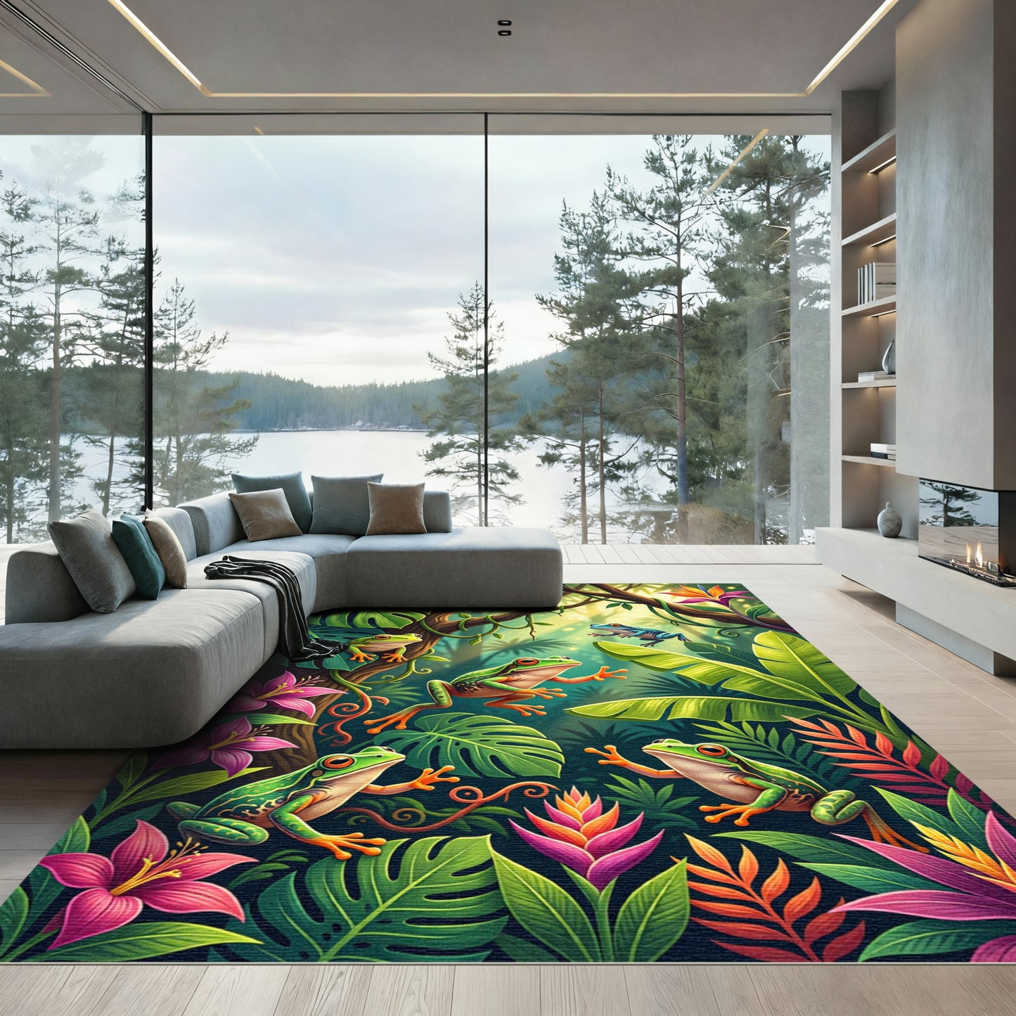 Lush Green Tropical Frog Jungle Flora Rug