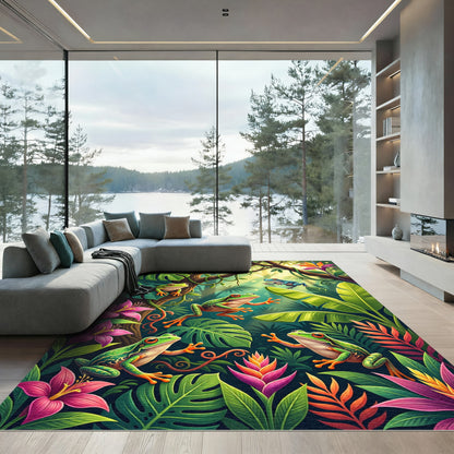Lush Green Tropical Frog Jungle Flora Rug