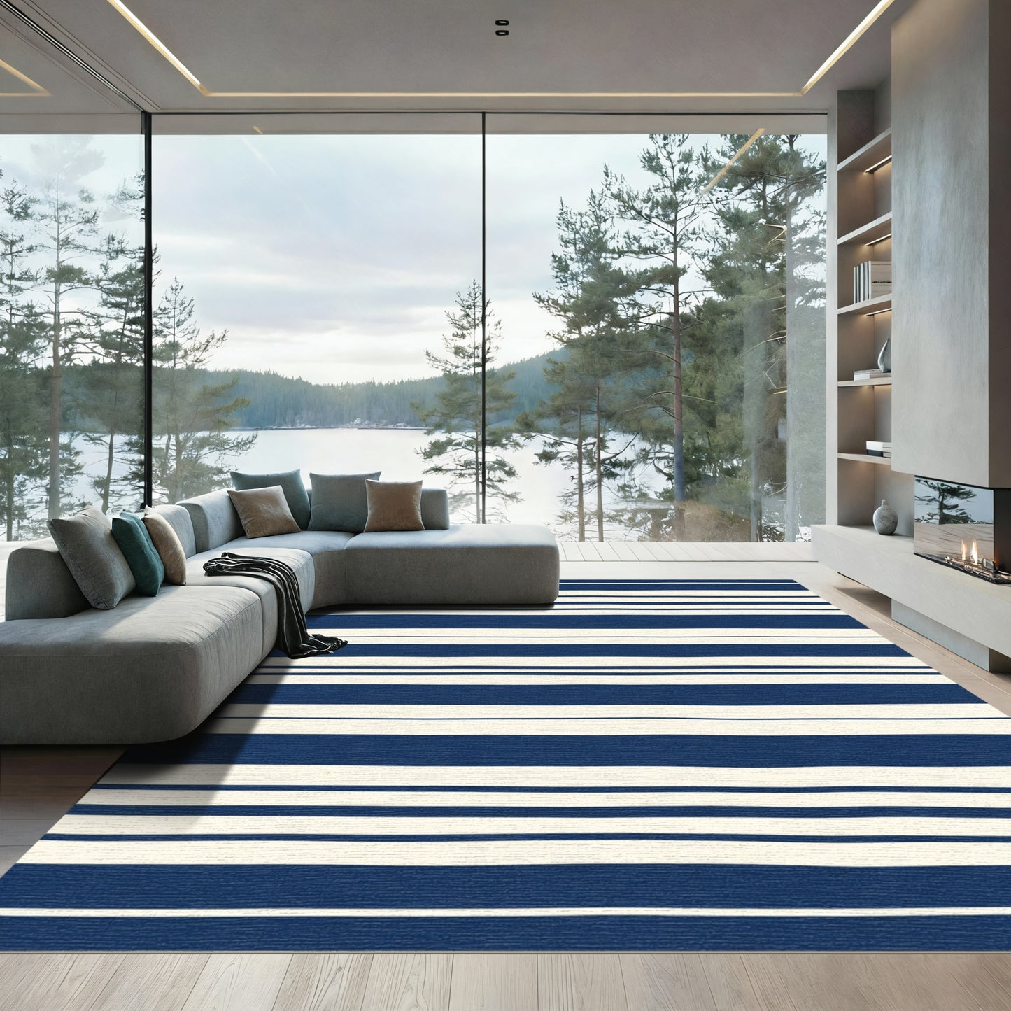Navy Cream Hand Drawn Stripe Rug