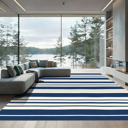 Navy Cream Hand Drawn Stripe Rug