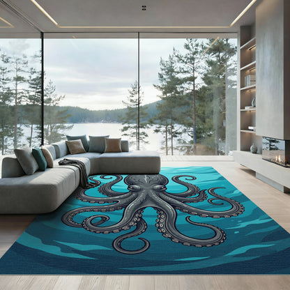 Dark Blue Octopus Sea Life Illustration Rug