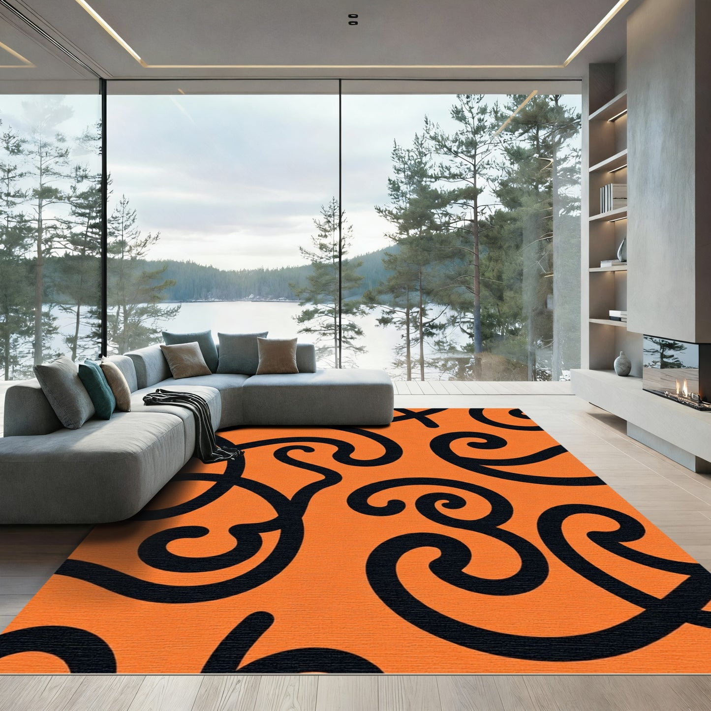 Bold Black Swirls Orange Rug