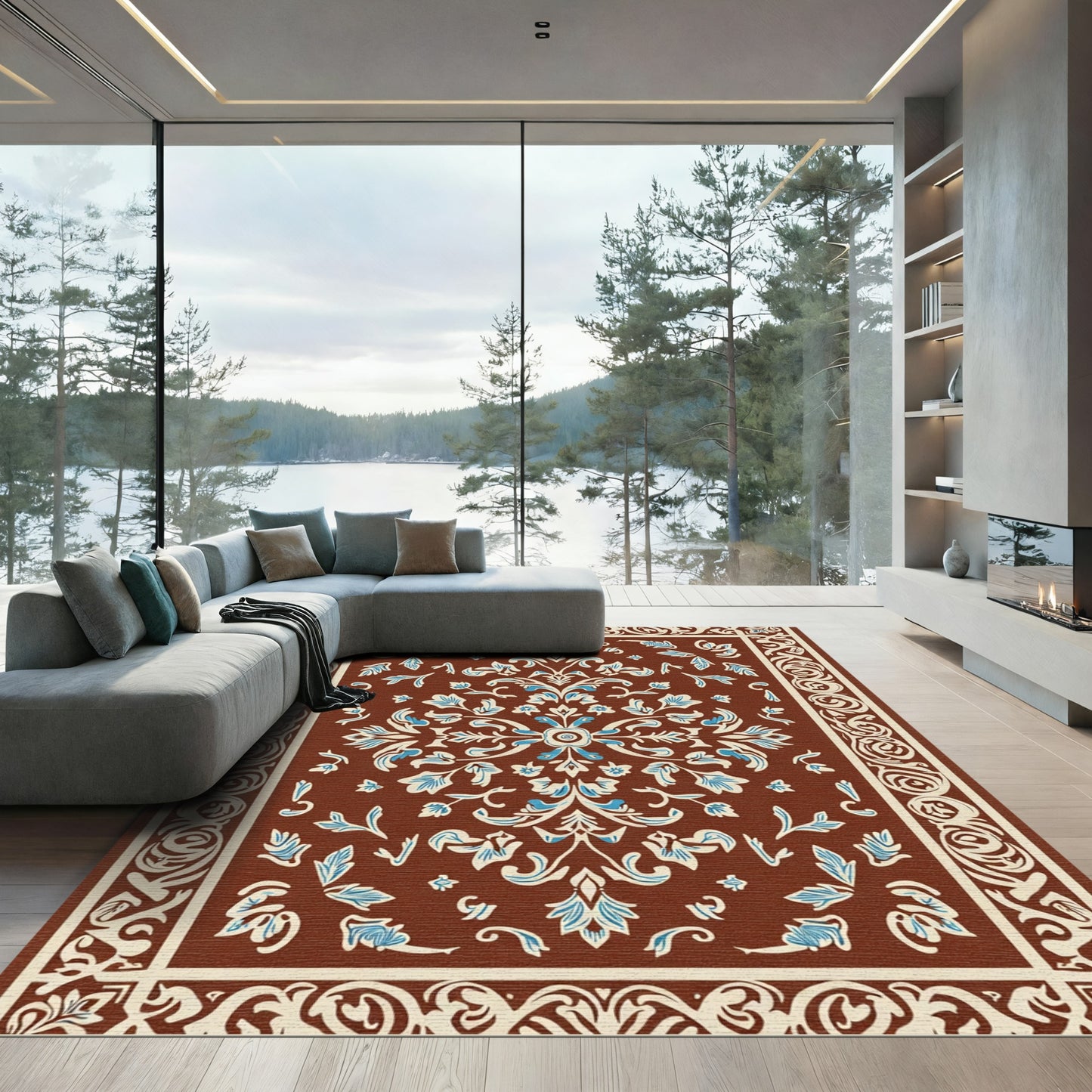 Rich Brown Floral Scroll Medallion Rug