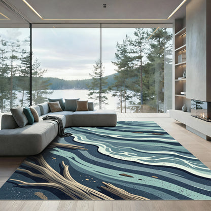 Oceanic Blue Abstract Coastal Waves Rug