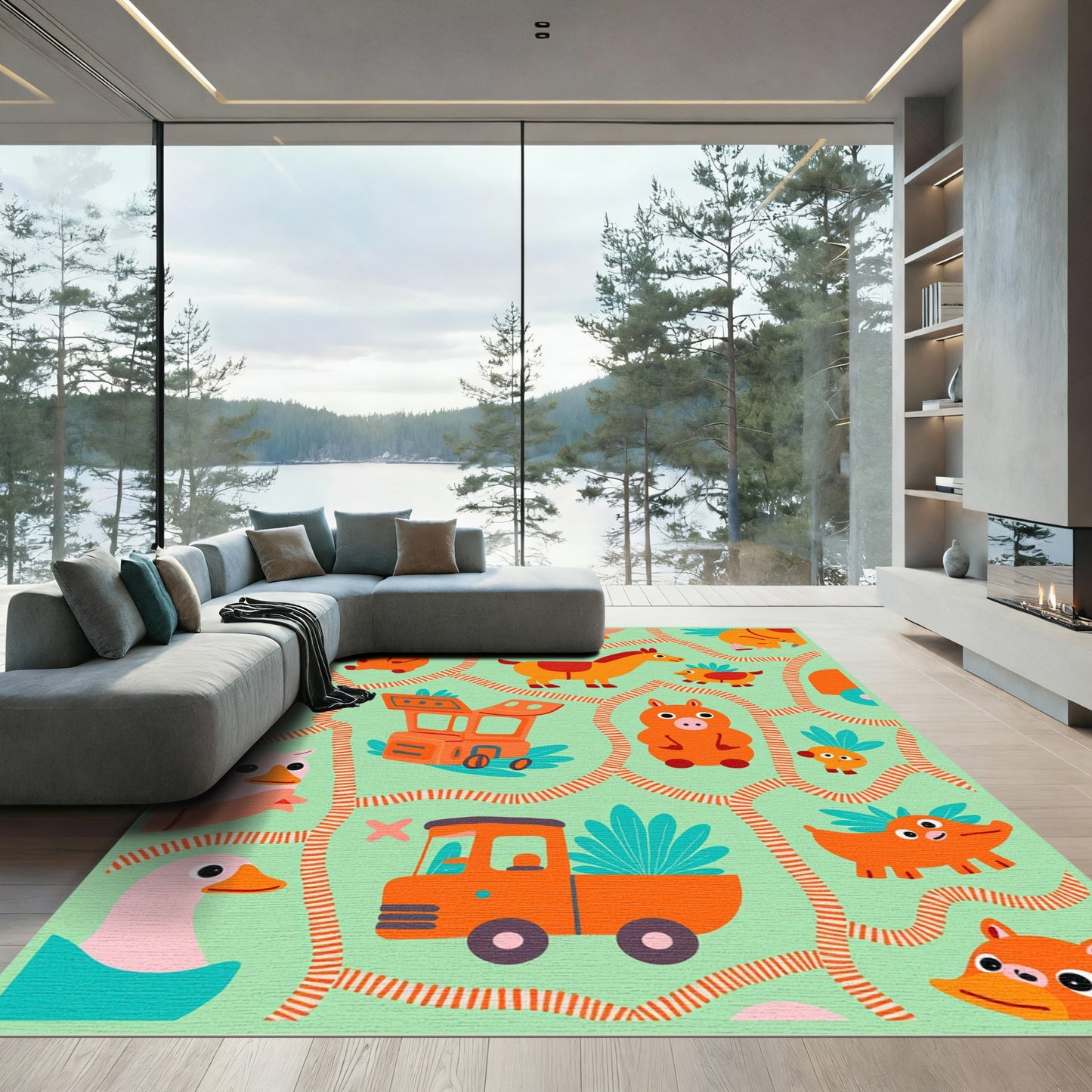Playful Orange Farm Animals Whimsical Rug