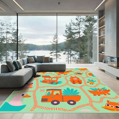 Playful Orange Farm Animals Whimsical Rug