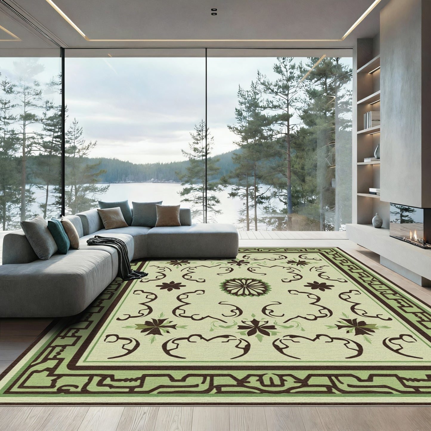 Earthy Green Floral Scroll Square Rug