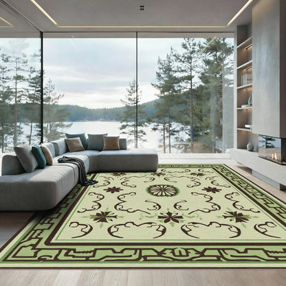Earthy Green Floral Scroll Square Rug