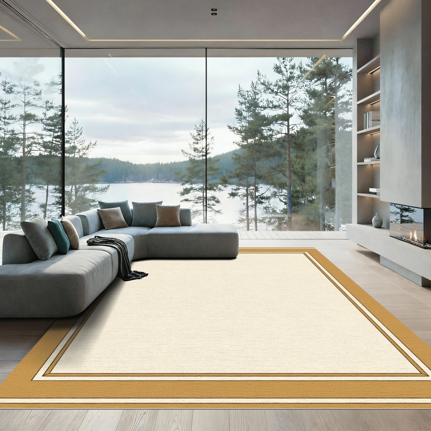 Warm Golden Bordered Cream Rectangular Rug