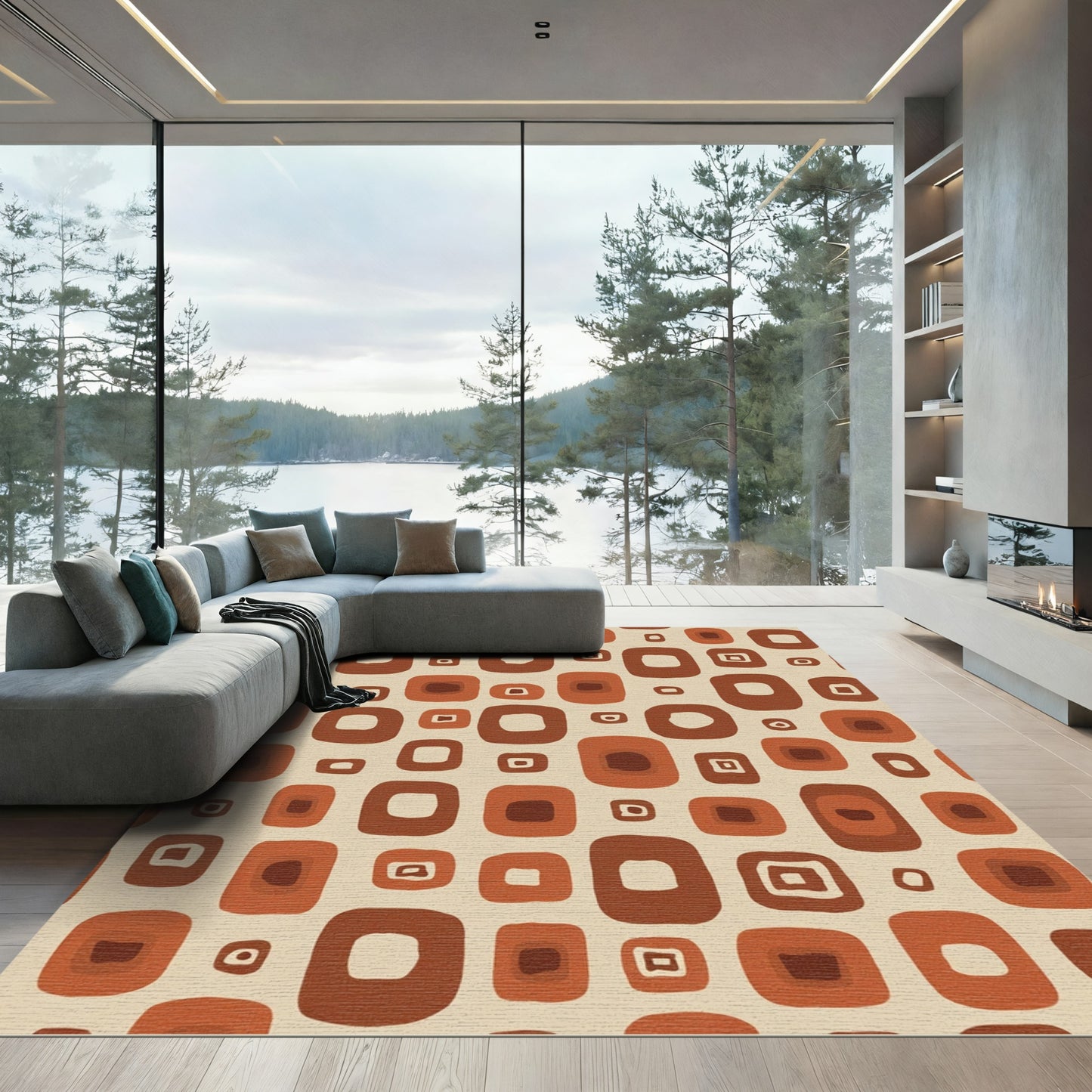 Retro Rounded Square Abstract Terra Cotta Rug