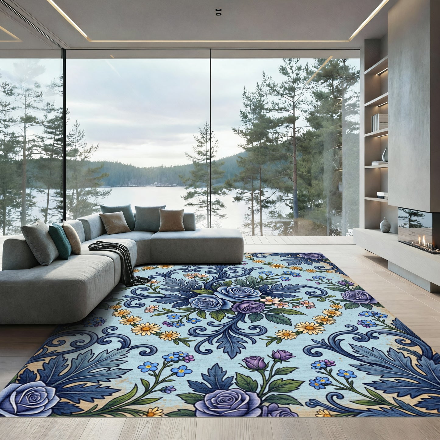 Vintage Blue Rose Floral Scroll Rug