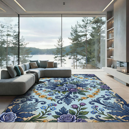 Vintage Blue Rose Floral Scroll Rug