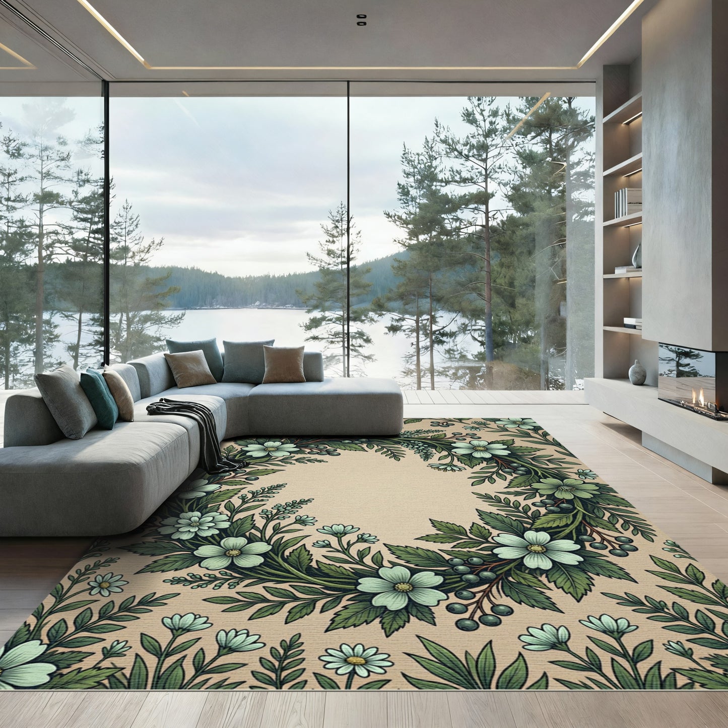 Mint Green Floral Berry Garland Rug