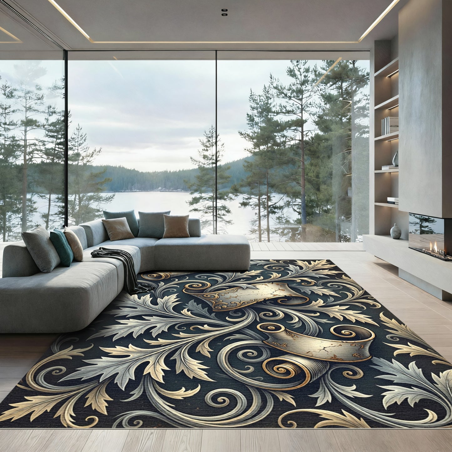 Elegant Acanthus Scroll Cream Charcoal Rug