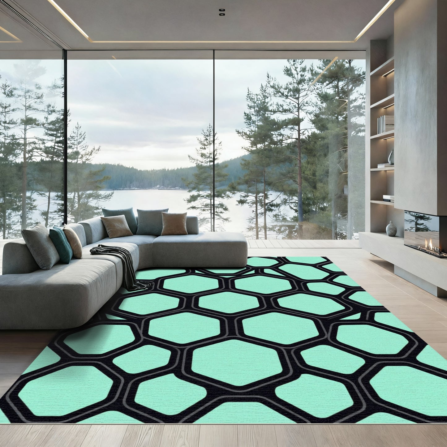 Modern Mint Geometric Honeycomb Grid Rug