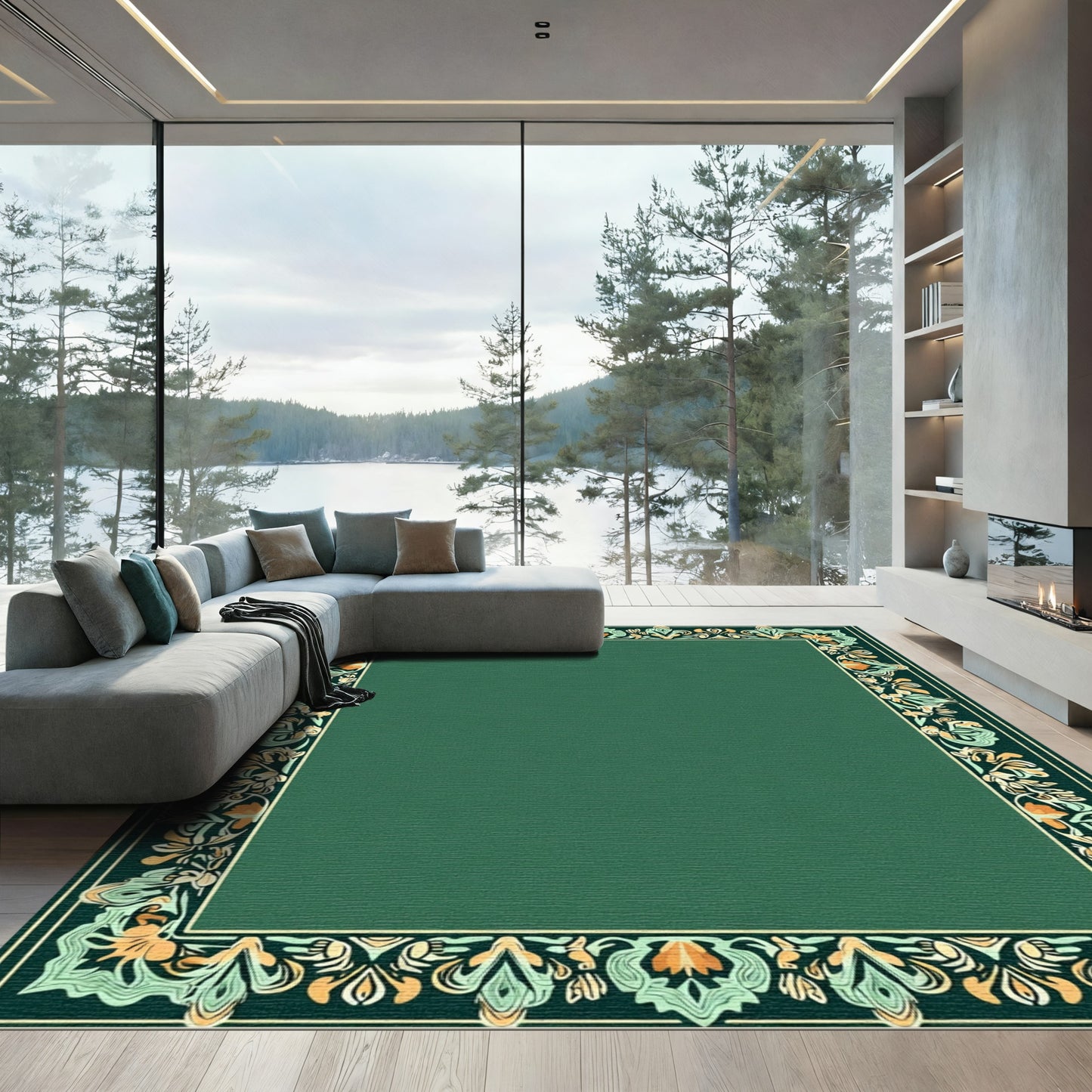 Deep Green Floral Border Art Nouveau Rug