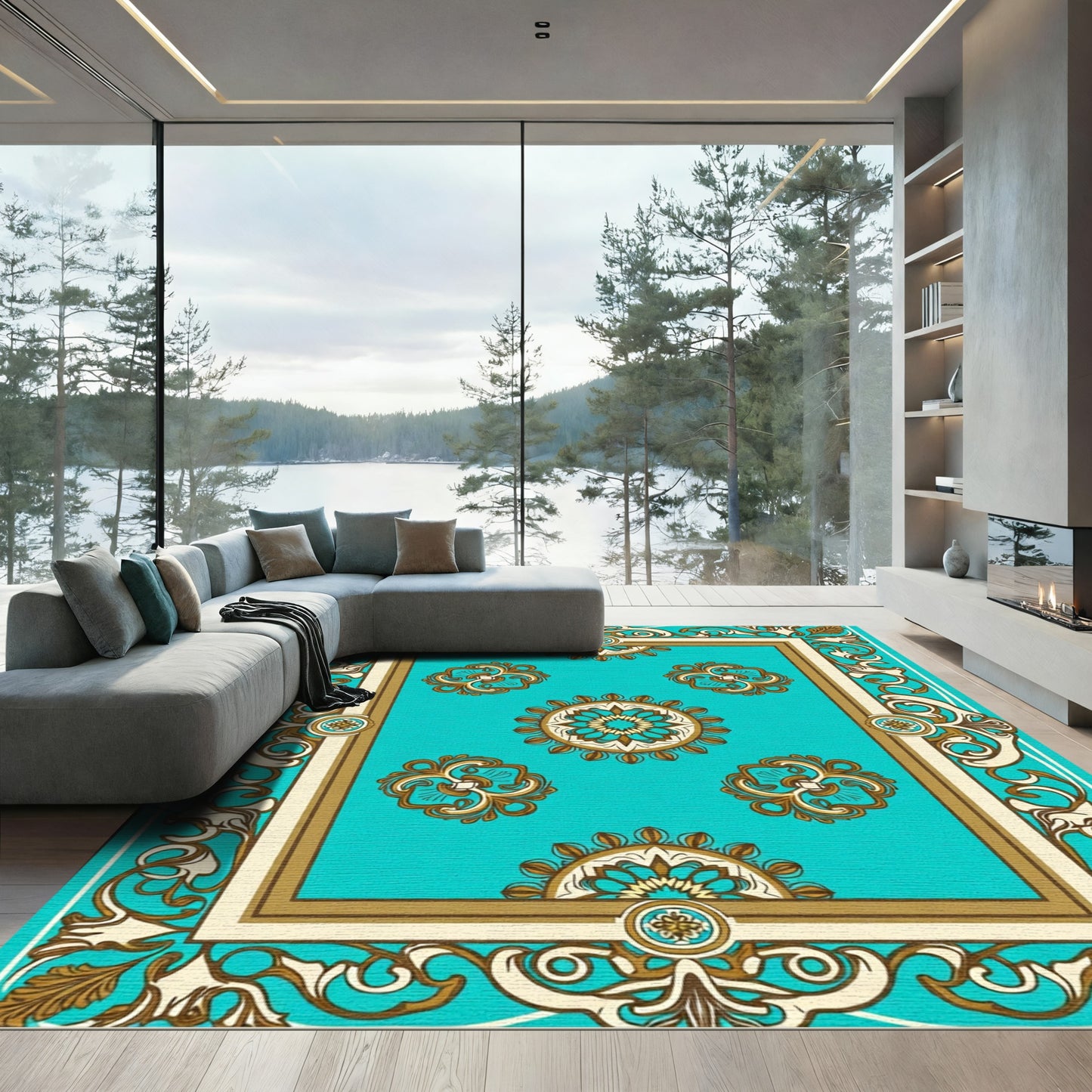 Turquoise Floral Medallion Scrollwork Border Rug