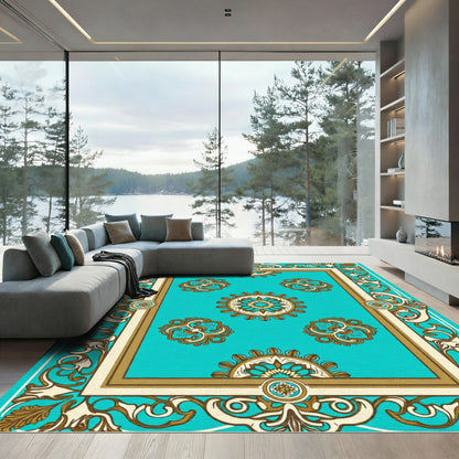 Turquoise Floral Medallion Scrollwork Border Rug
