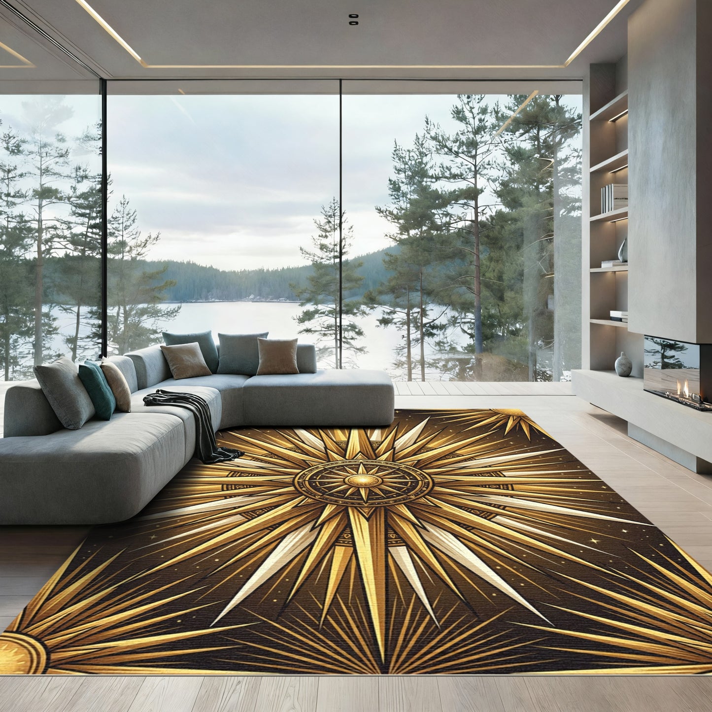 Golden Sunburst Starry Celestial Rug