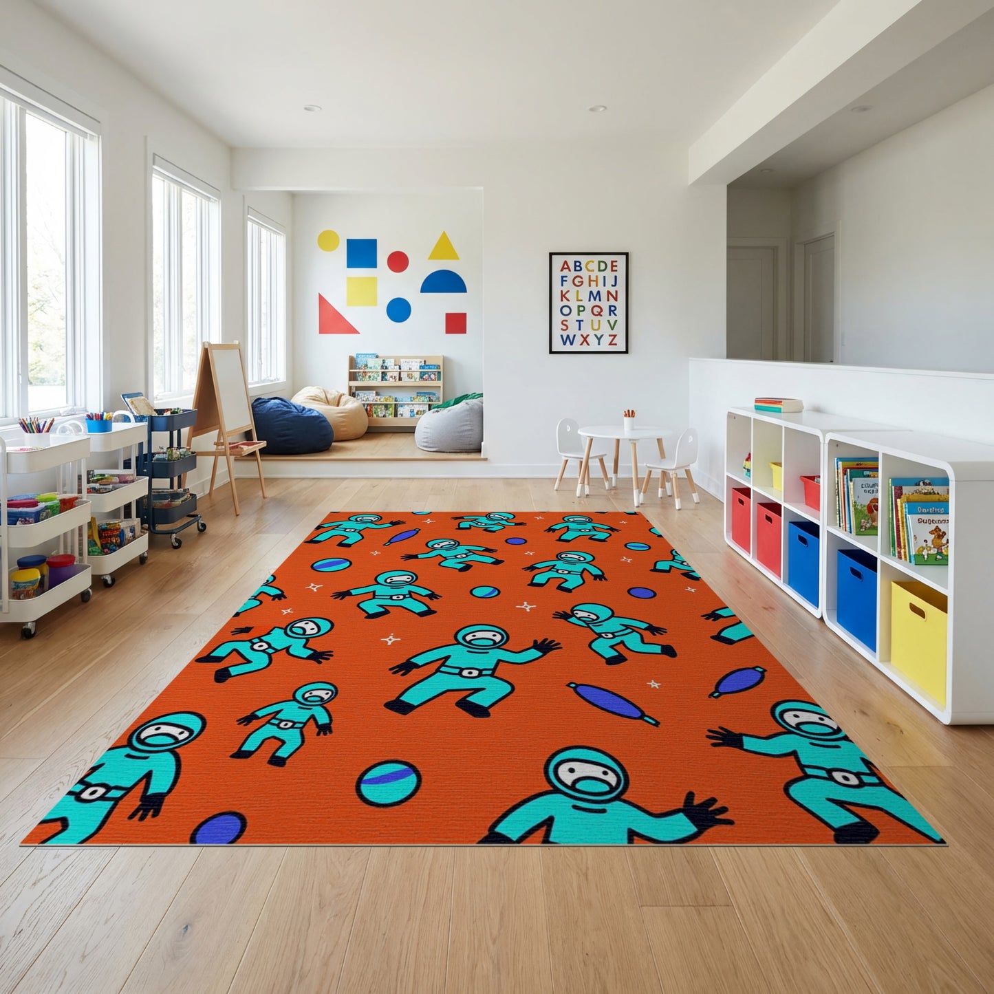 Playful Cyan Astronauts Orange Stars Rug