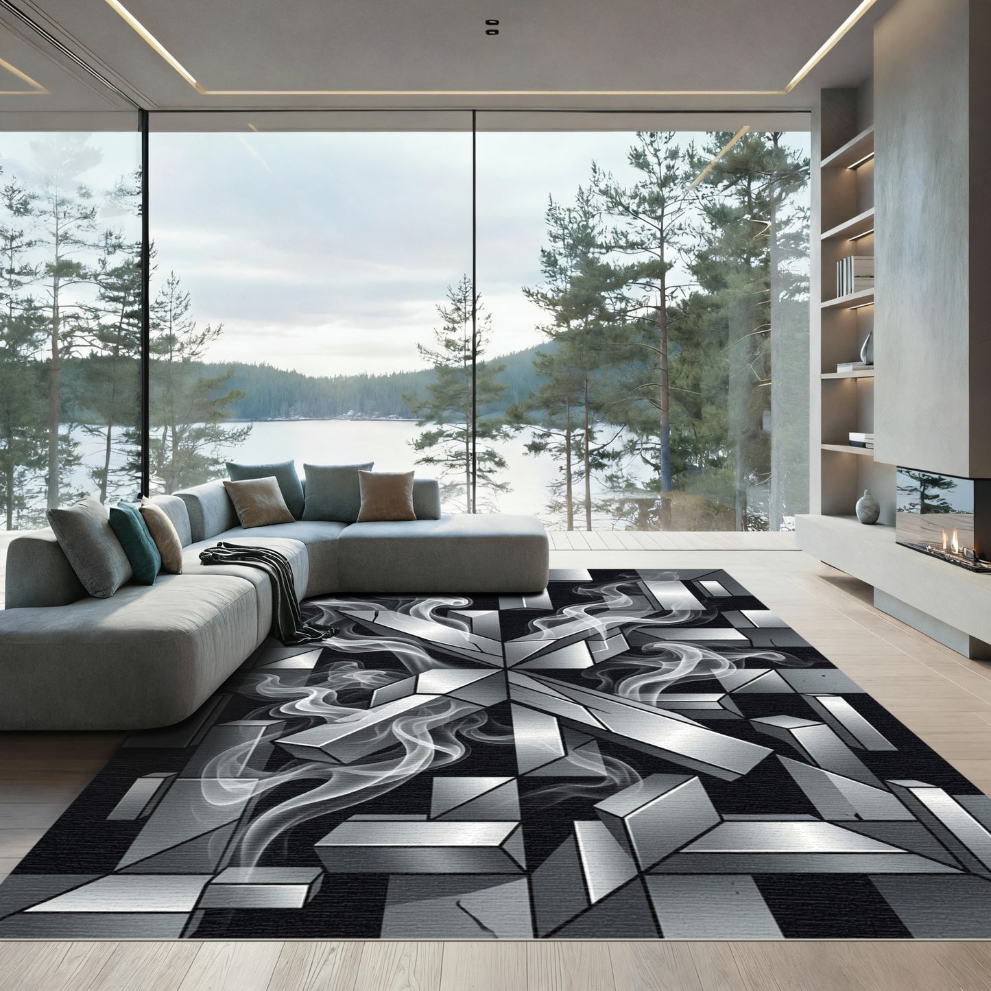 Monochrome Abstract Geometric Silver Smoke Rug