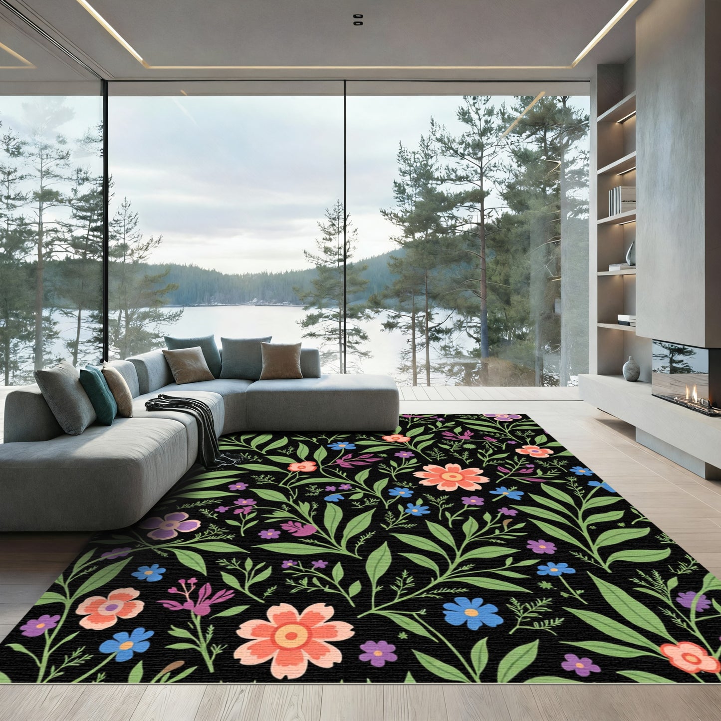 Coral Blue Purple Floral Botanical Rug
