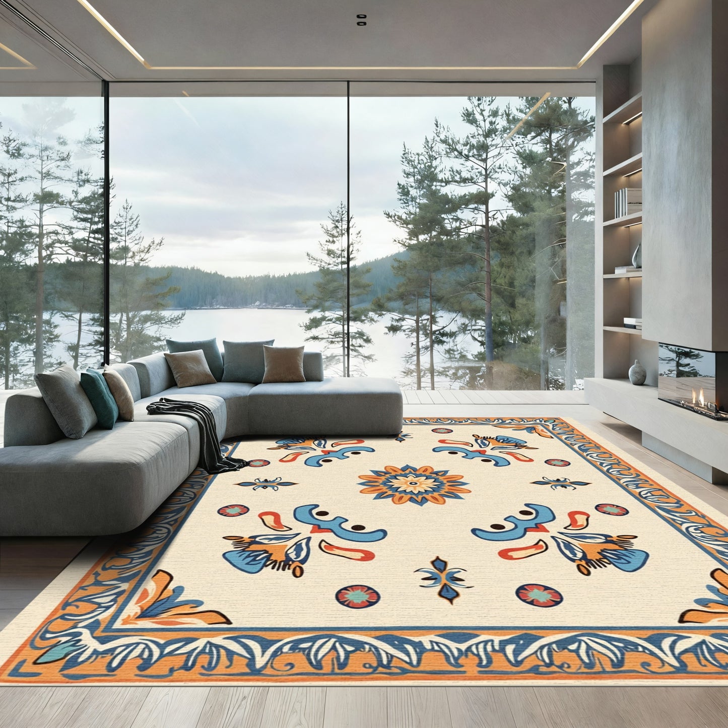 Cream Blue Orange Floral Medallion Rug