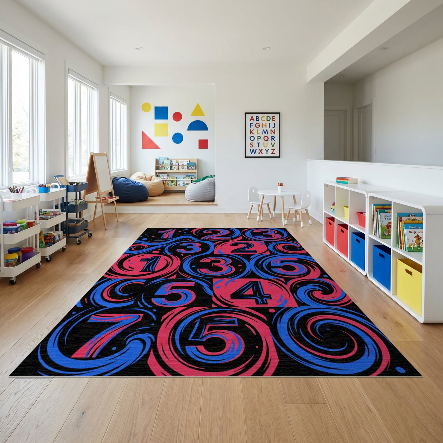 Bold Pink Blue Swirling Numbers Rug