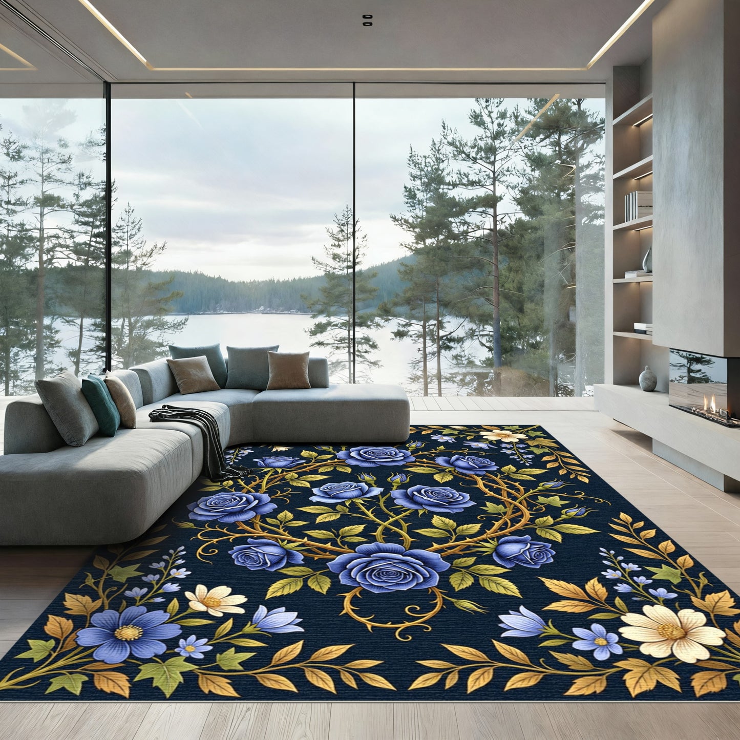 Deep Blue Rose Garland Floral Rug