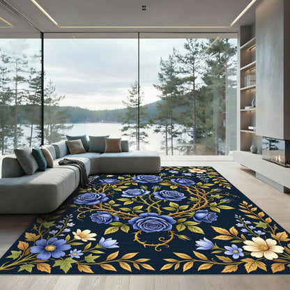 Deep Blue Rose Garland Floral Rug