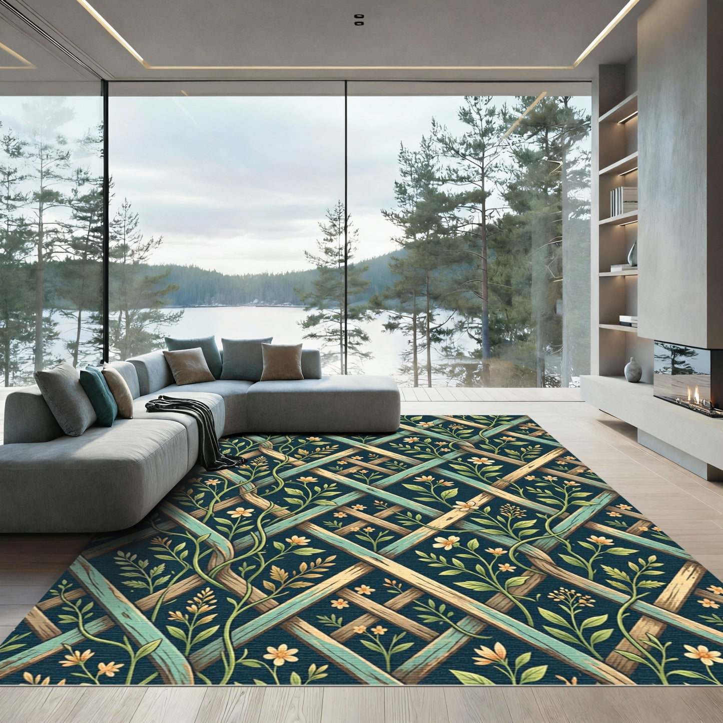 Elegant Teal Trellis with Yellow Flowers Rug