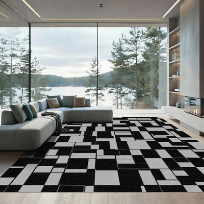 Abstract Black Gray Geometric Mondrian Rug