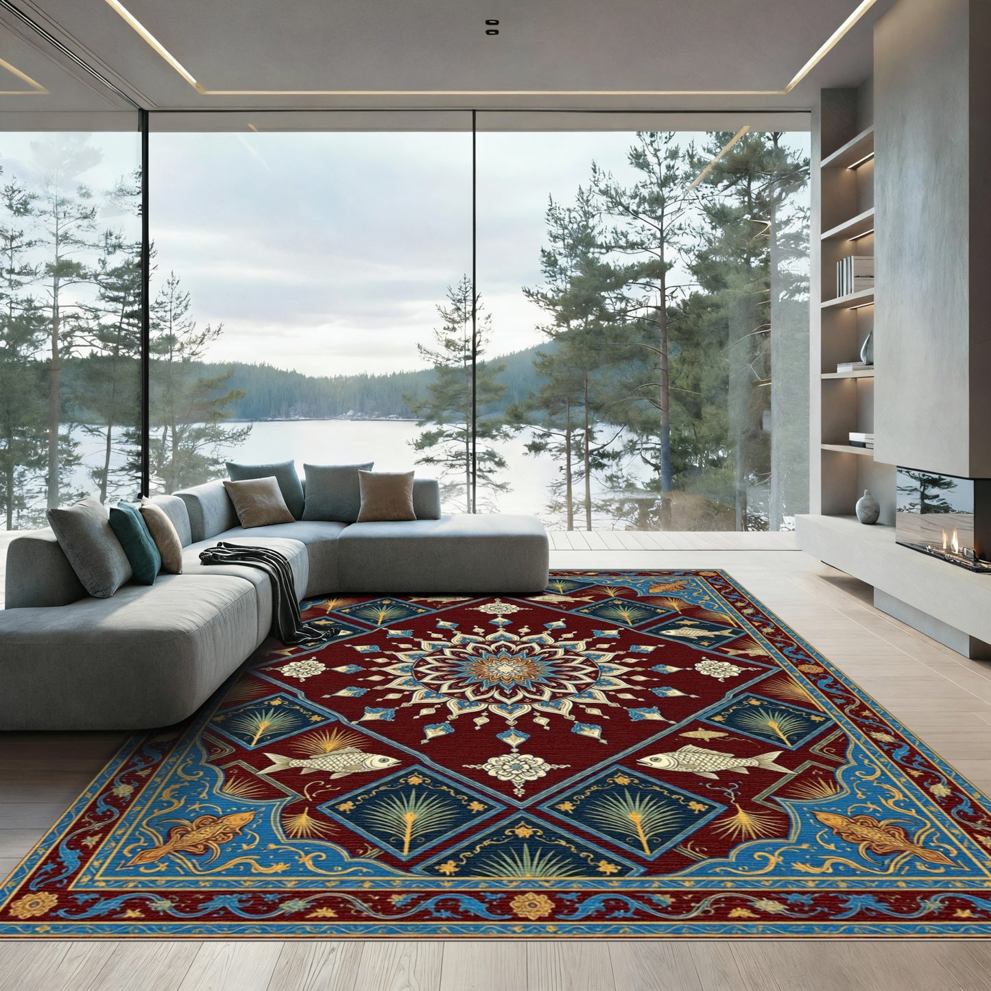 Crimson Blue Golden Fish Mandala Medallion Rug