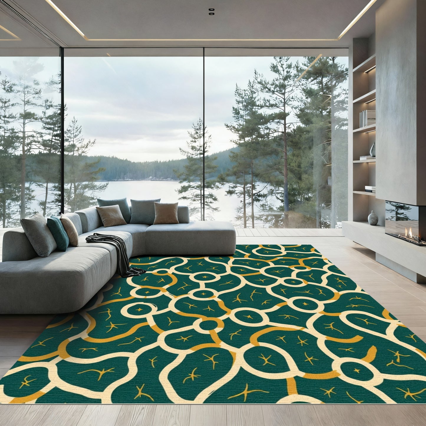 Dark Teal Organic Line Abstract Rug
