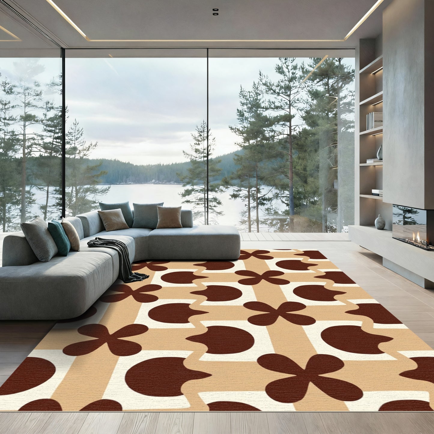 Retro Brown Four Petal Square Rug