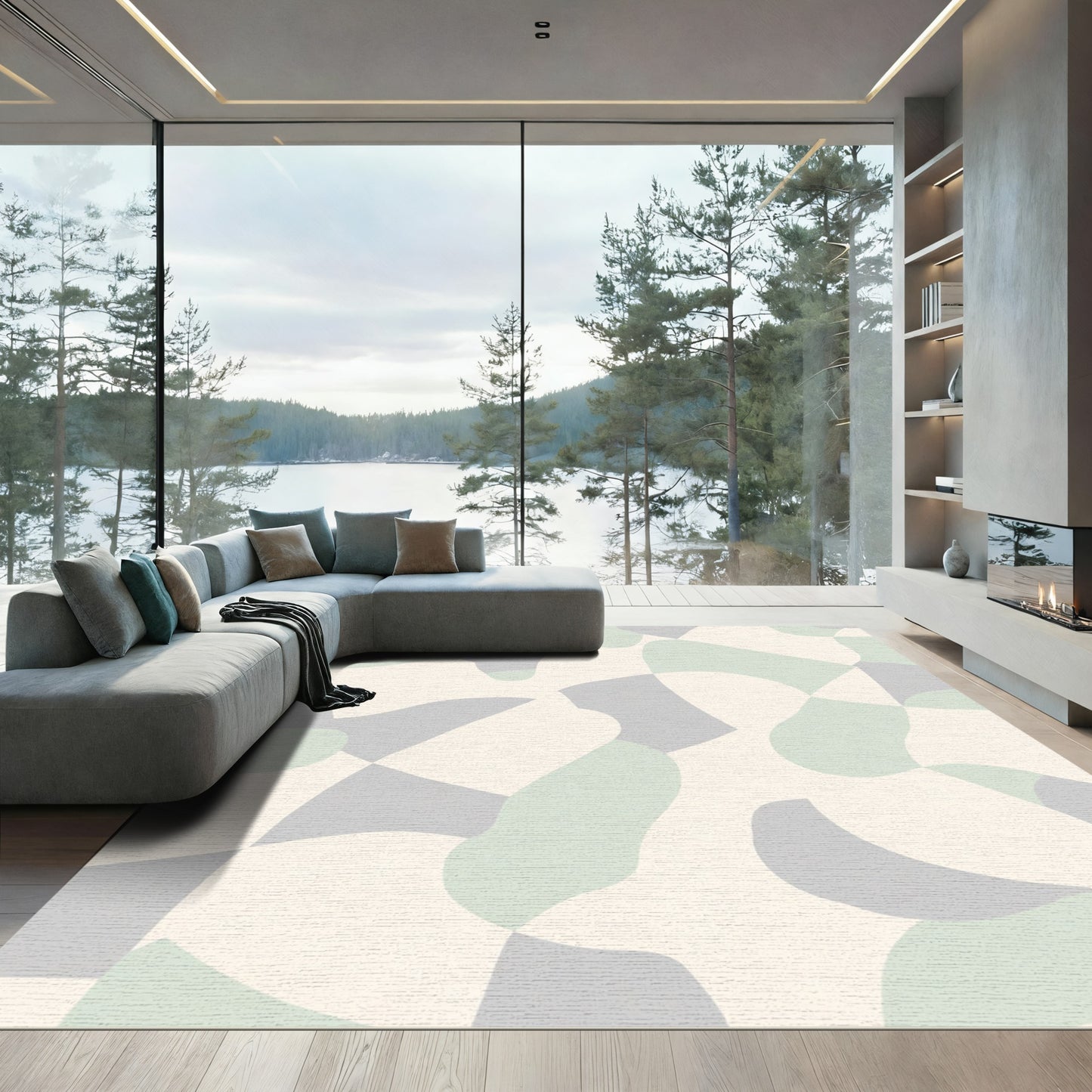 Soft Green Gray Abstract Organic Shapes Rug
