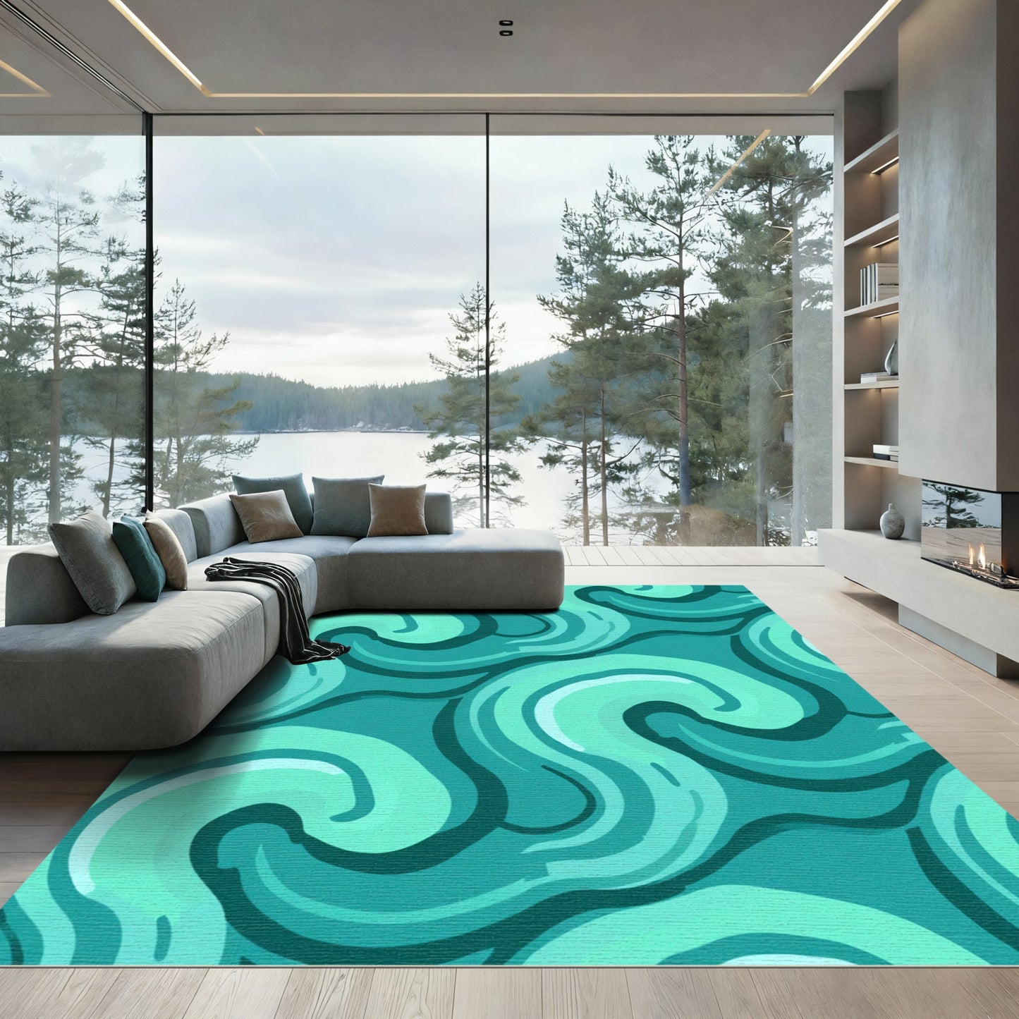 Aqua Swirls Abstract Flowing Pattern Rug
