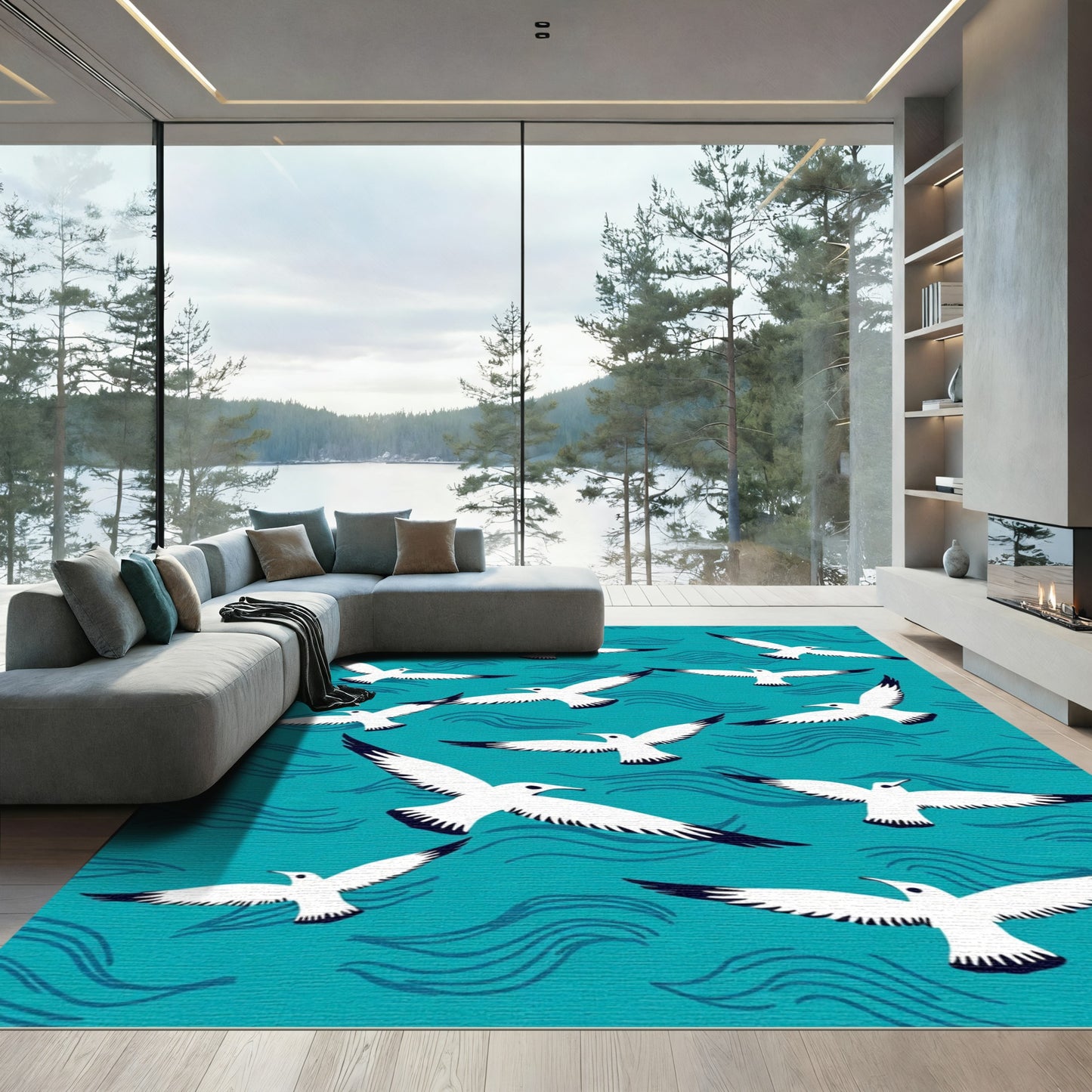 Seagulls Flying Over Blue Waves Rug