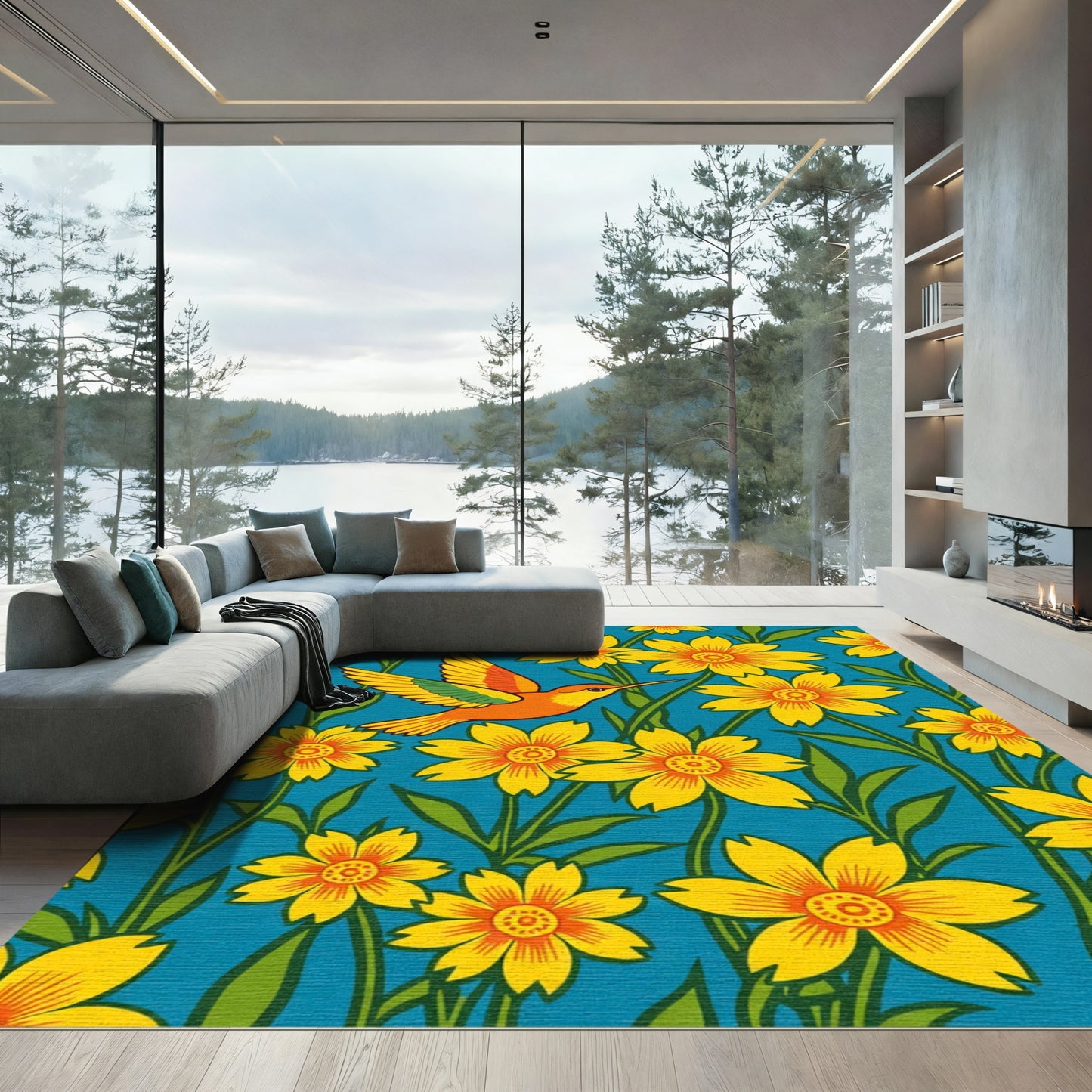 Vibrant Yellow Floral Hummingbird Scene Rug