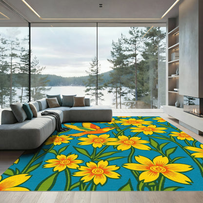 Vibrant Yellow Floral Hummingbird Scene Rug