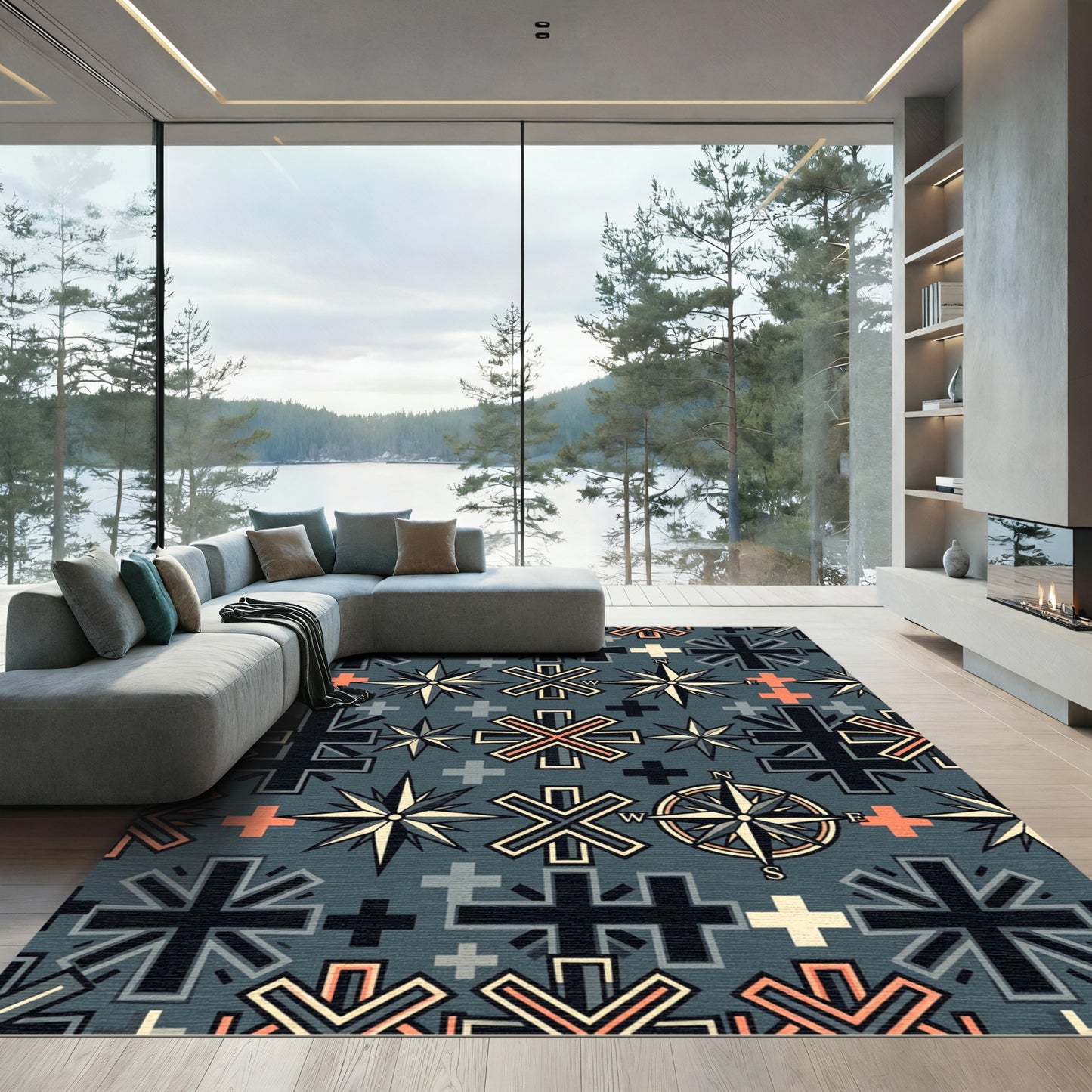 Gray Nautical Compass Star Pattern Rug