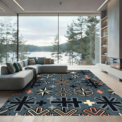 Gray Nautical Compass Star Pattern Rug