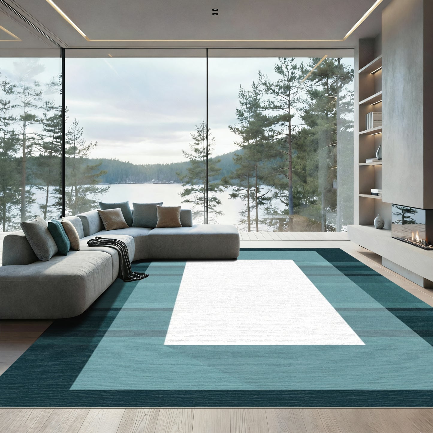 Teal Geometric Bands Abstract Rug