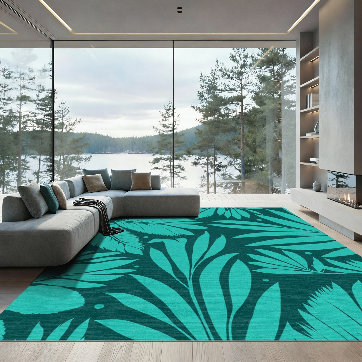 Teal Tropical Foliage Seamless Pattern Rug